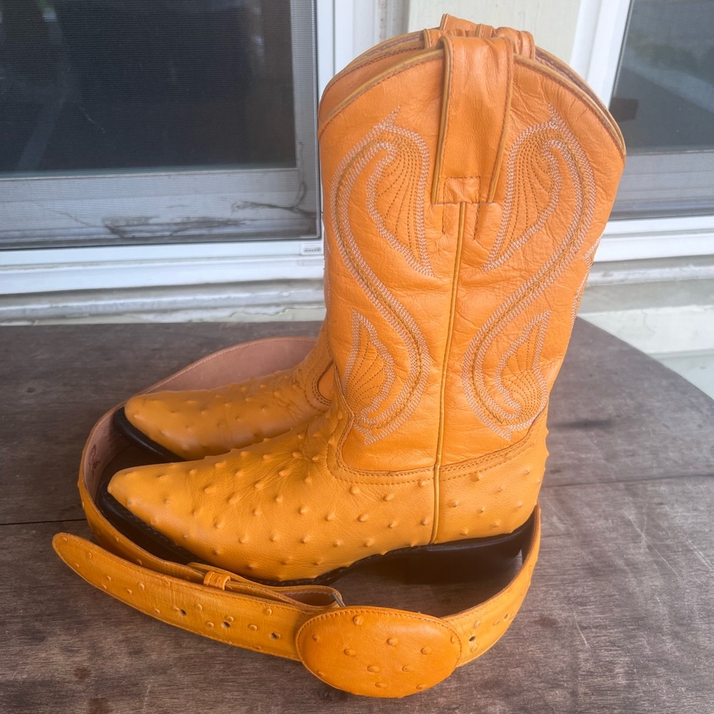 Donaldo Embossed Leather Ostrich Quill Cowboy Boots in Mustard Women Sz 7.5 JToe